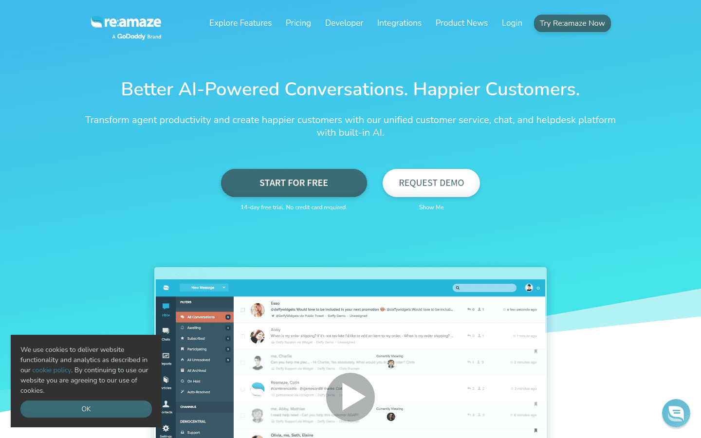 Re:amaze homepage showing their customer support and engagement platform, as taken from Re:amaze