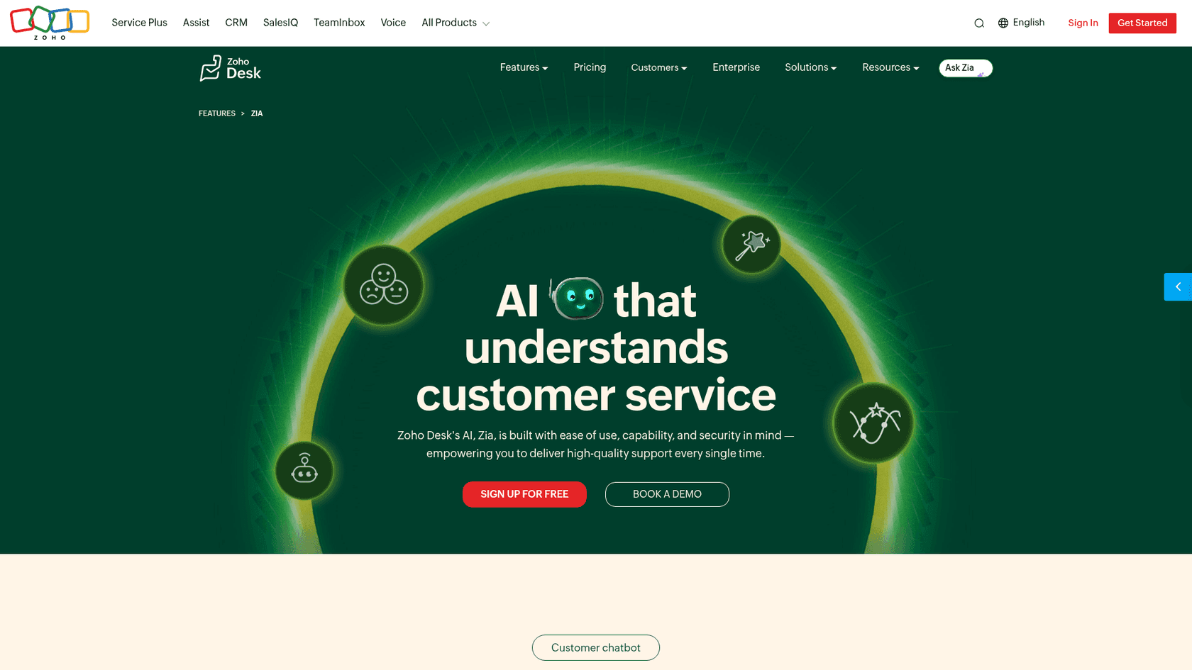 Zoho Desk Zia AI feature page showing AI-powered ticket automation and agent assist tools, as taken from Zoho