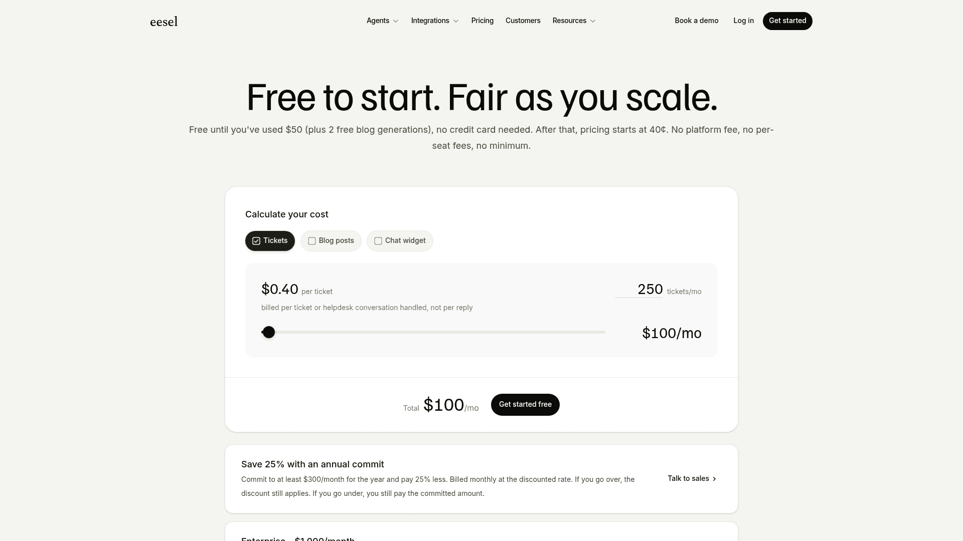 eesel AI's pricing page, showing its usage-based, pay-per-ticket model.