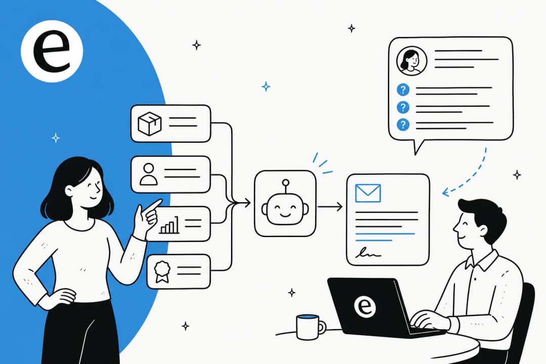 Ilustración de contexto del producto, una señal de comprador y puntos de prueba que se introducen en una herramienta de IA que genera correos de ventas outbound personalizados, con una burbuja de respuesta llena de preguntas