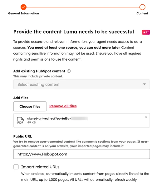 Customer agent content sources step showing existing HubSpot content, file upload, and public URL crawl with related-URL import, as taken from HubSpot