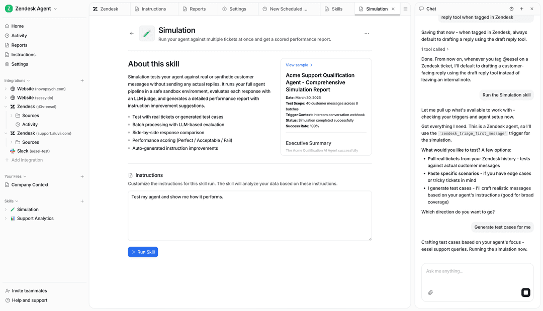 eesel dashboard showing the Simulation skill, connected sources, and a chat panel