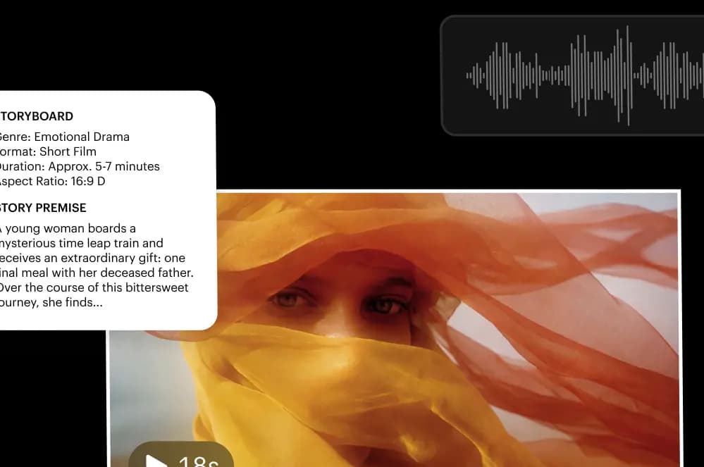 Dream Machine workspace - storyboard panel, audio waveform, and 18-second video preview, as taken from Luma