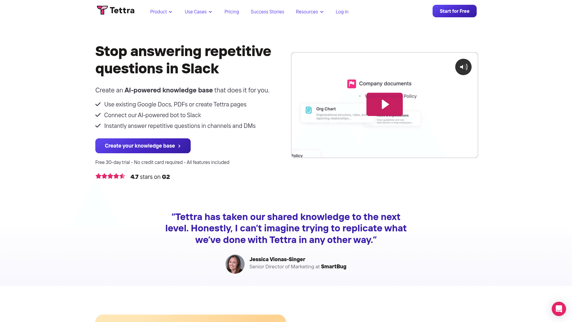 Tettra homepage showing the AI-powered internal knowledge base with Kai bot and Slack integration messaging