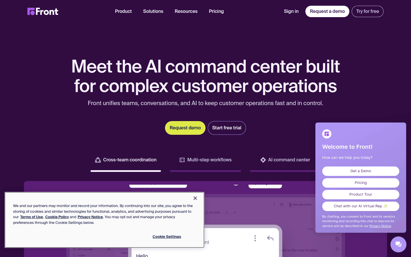 Front homepage showing their customer operations platform with AI features, as taken from Front