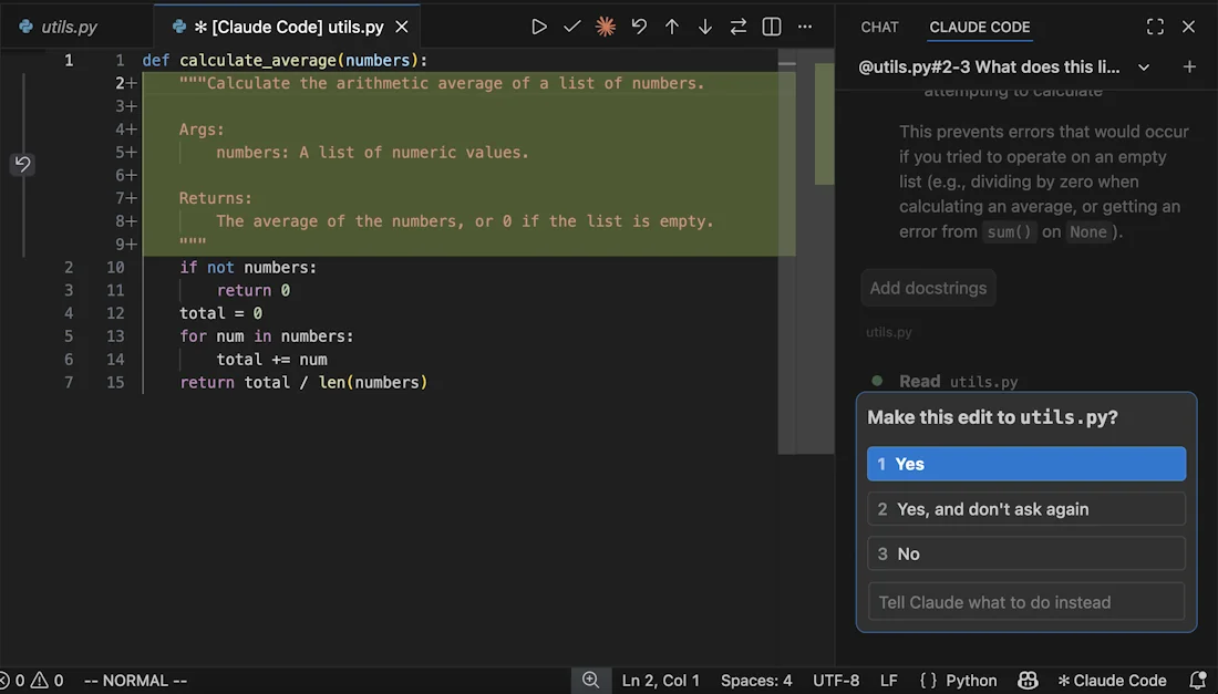 Side-by-side diff with a 'Make this edit to utils.py?' permission prompt and four choices