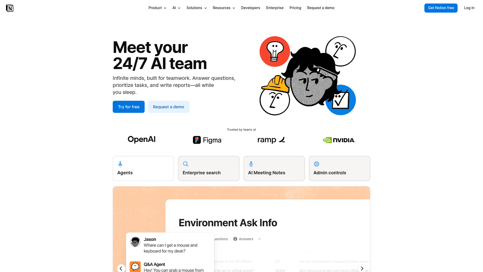 The Notion AI product page showing its in-workspace AI features, as taken from Notion.