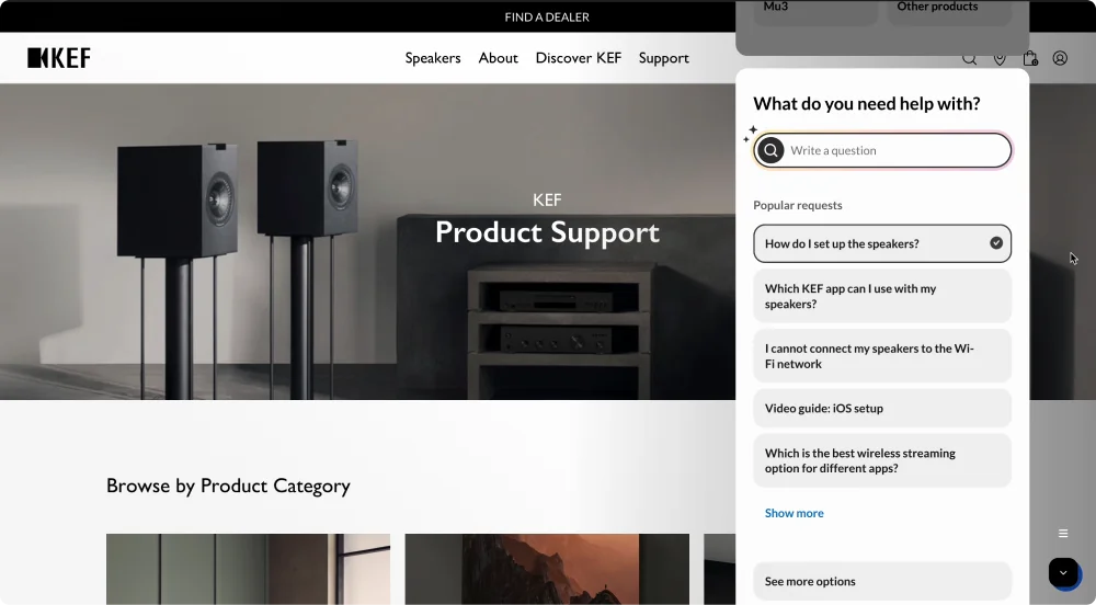 Mavenoid's virtual assistant embedded on the KEF product support page, as taken from Mavenoid