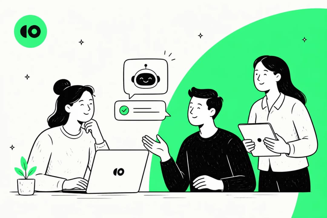 Editorial illustration of an AI customer support agent being reviewed, in CoSupport green