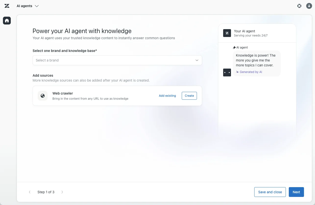 Zendesk's 'Power your AI agent with knowledge' setup step, where you select a brand and knowledge base and optionally add a web crawler, as taken from Zendesk