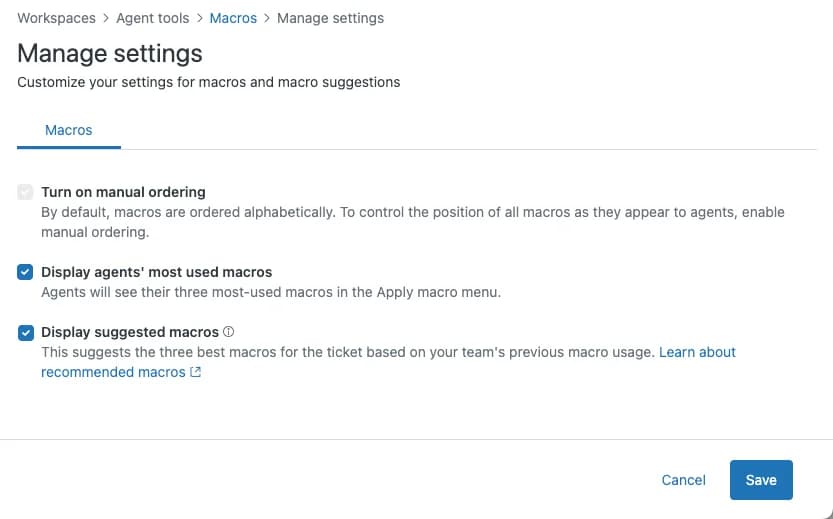 Zendesk's macro settings page with the option to display AI-suggested macros based on previous usage, as documented by Zendesk