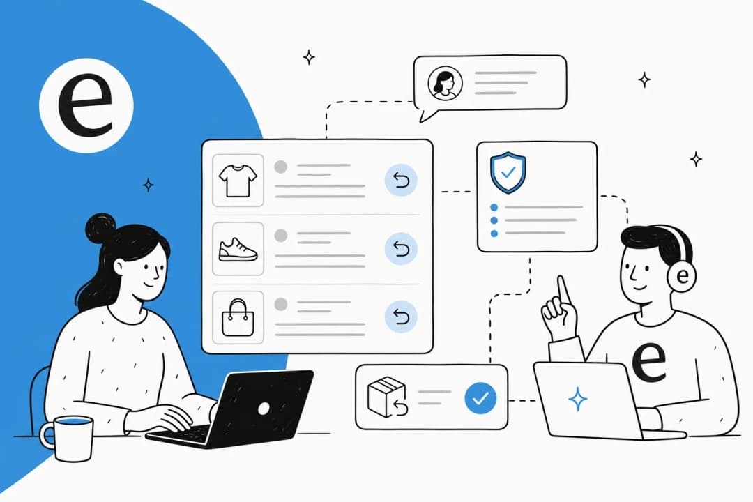 Illustration of an AI assistant checking refund policy and approving an ecommerce refund request
