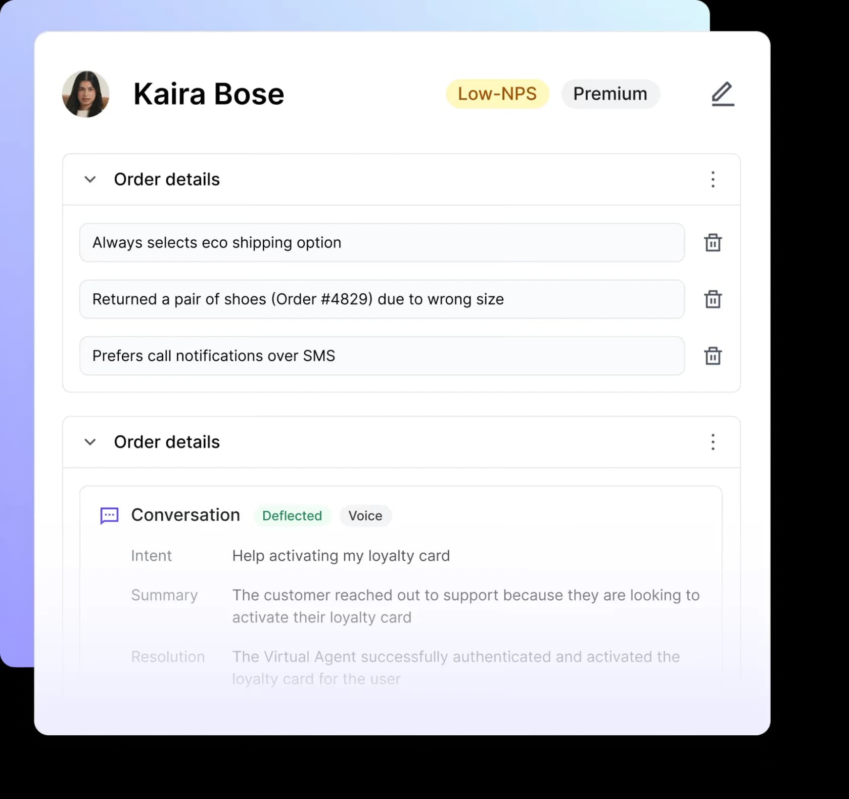 Decagon's AI agent surfacing customer memory and a deflected conversation