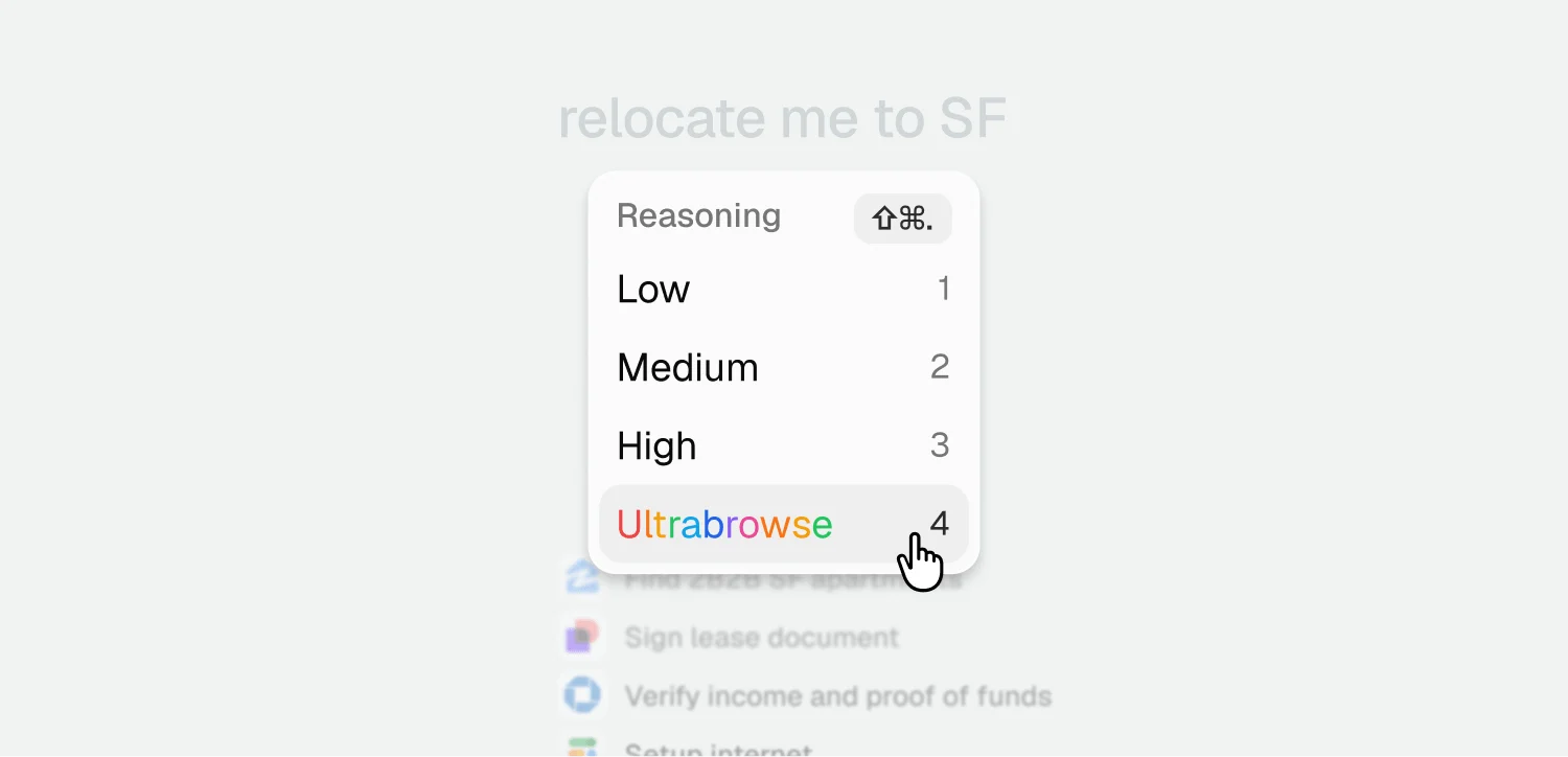 Aside's reasoning menu where you pick Low, Medium, High, or Ultrabrowse for a task, as taken from Aside