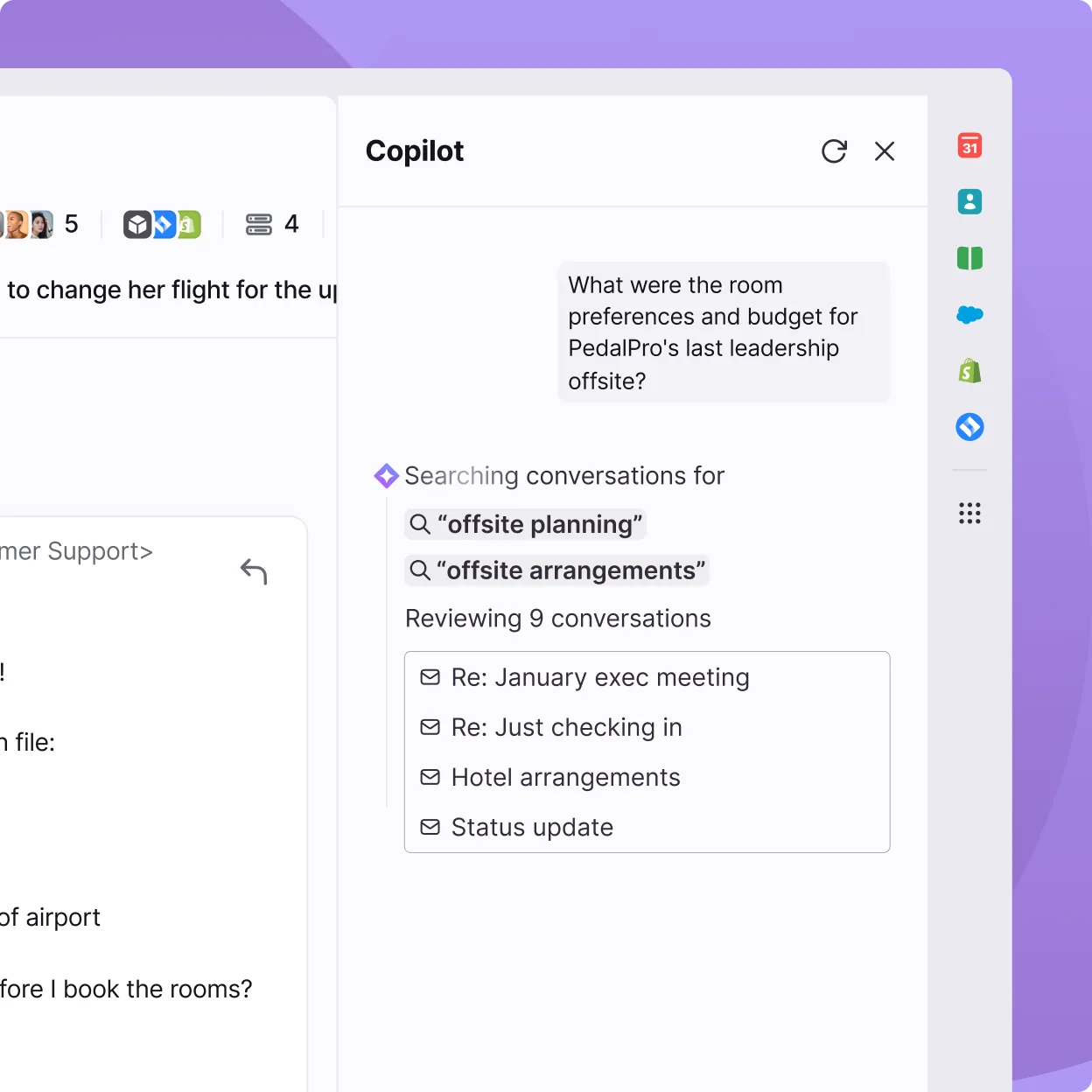 Front's Copilot panel searching past conversations to assemble context for a reply, as taken from Front's product pages