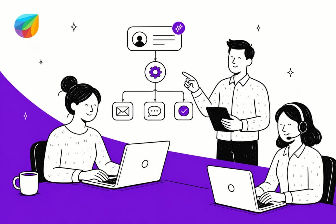 Illustration eines Freshdesk-Support-Teams mit einem automatisierten Ticket-Routing-Workflow