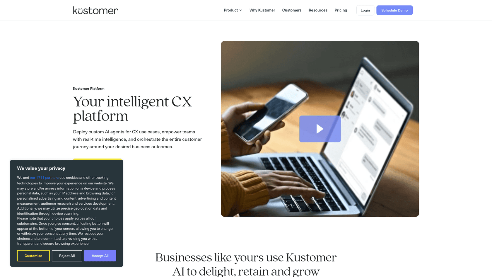 Kustomer platform overview showing unified customer timeline and AI-powered CX capabilities, as taken from Kustomer