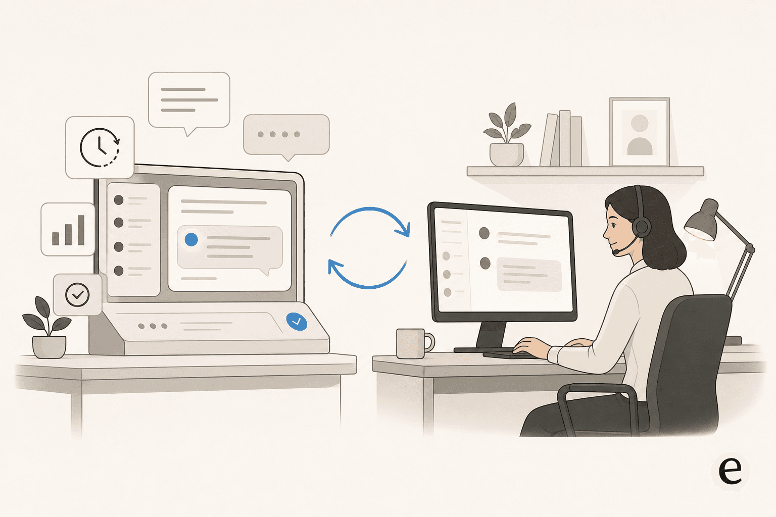 Editorial illustration comparing an AI helpdesk console and a human support agent's desk, connected by a handoff arrow in eesel blue