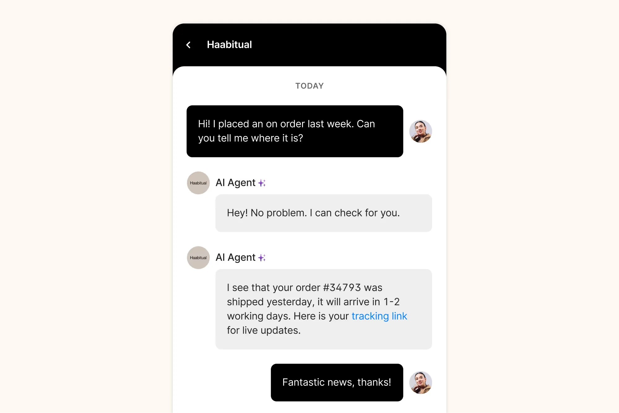 A Gorgias AI Agent answering a 'where is my order?' message with live shipment status, as shown on Gorgias' product pages