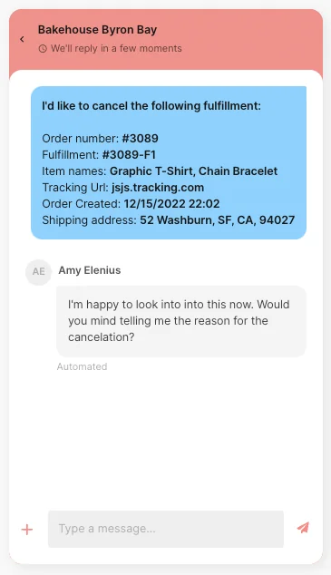 A Gorgias AI Agent handling an order-cancellation request in chat, asking for the reason before acting, as taken from Gorgias
