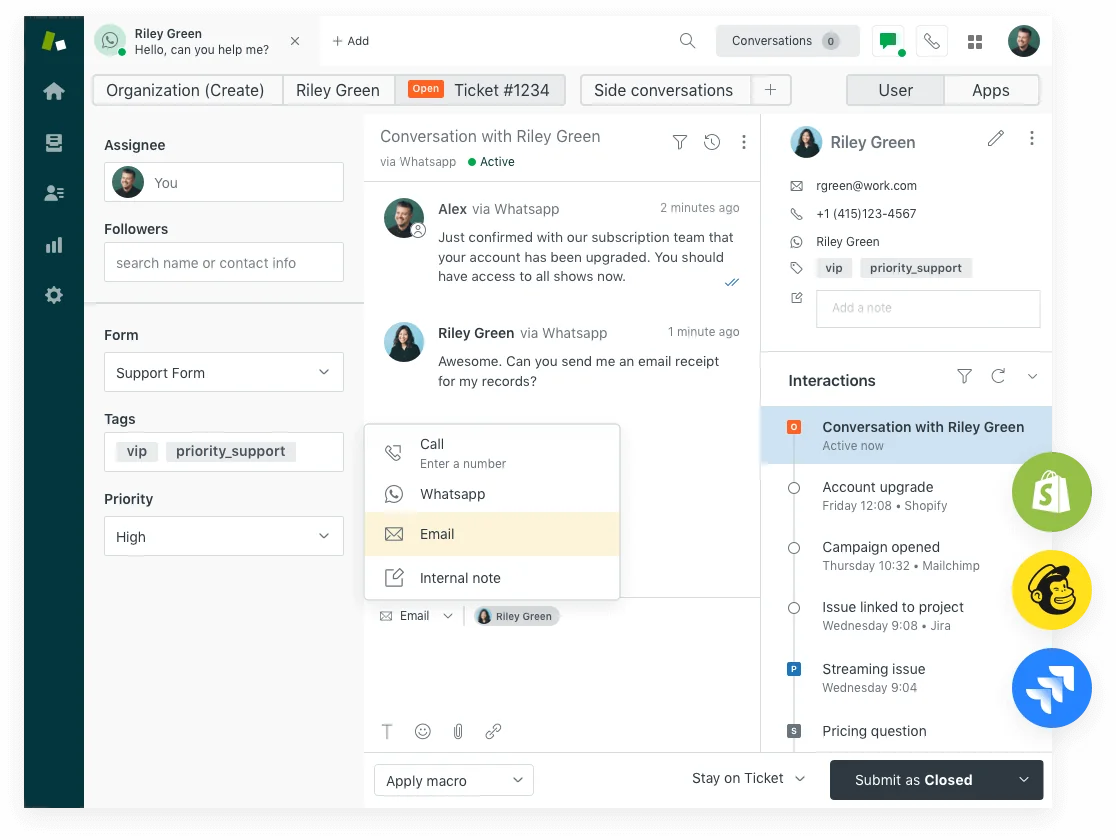 Zendesk Agent Workspace showing a WhatsApp ticket conversation with full customer context panel -- Shopify, Mailchimp, Jira integration history -- on the right, as taken from Zendesk