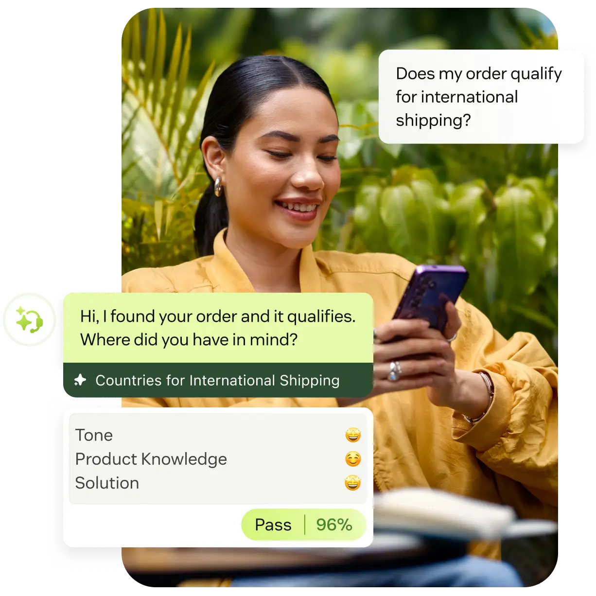 Zendesk AI agent answering a customer question about international shipping, with a quality-assurance score showing a 96% pass, as taken from Zendesk