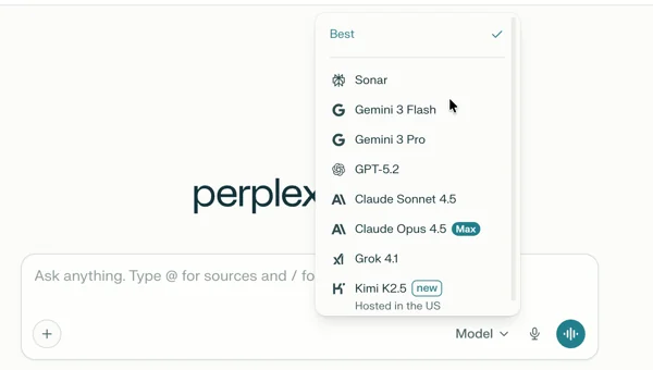 Selecting models inside Perplexity Pro - GPT, Gemini, Claude, and Sonar available in one interface, via G2