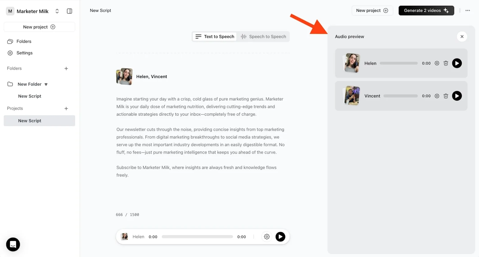 The Arcads audio preview panel letting you hear an actor read your script before spending a credit, as captured in Marketer Milk's Arcads review