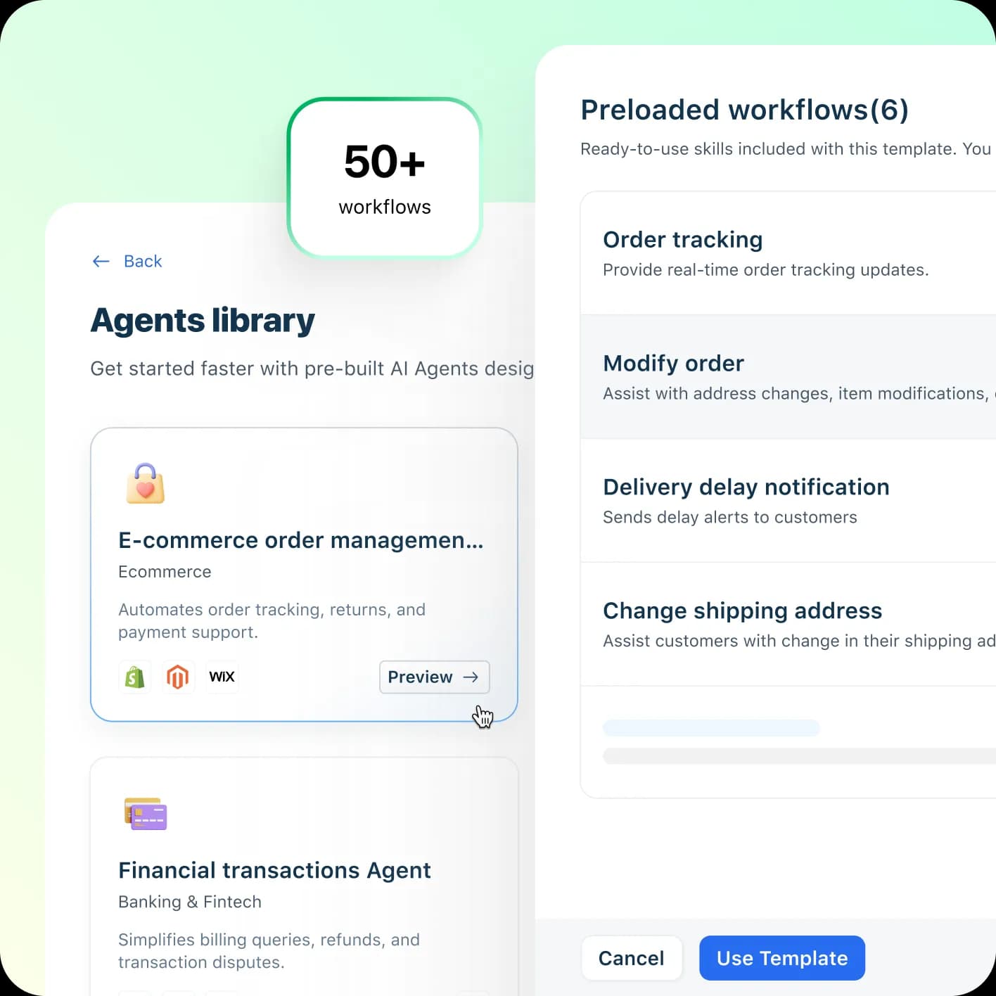 Freddy AI Agent's launch-ready agent library, with pre-built vertical agents and 50+ preloaded workflows, as taken from Freshworks