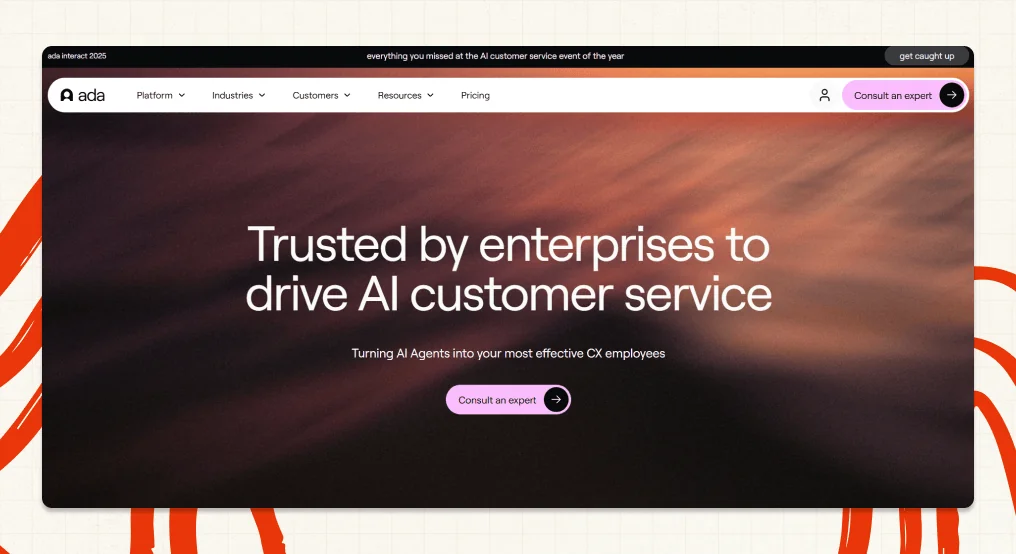 Ada's enterprise AI customer service platform homepage