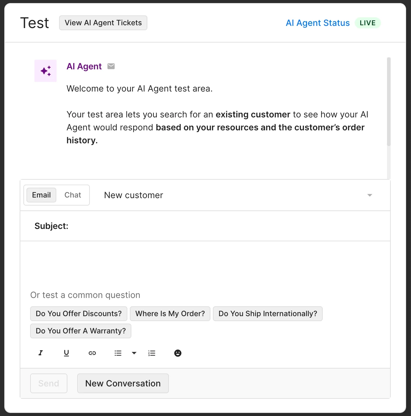 eesel AI test and simulation area, with options to test the agent on email or chat conversations