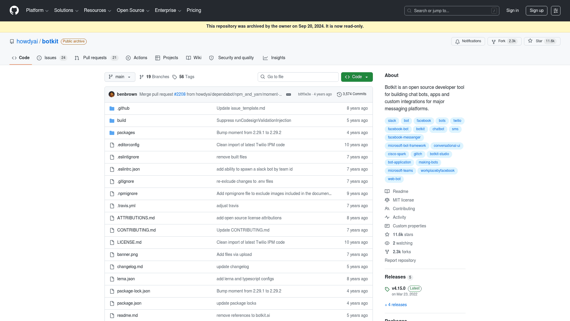 A screenshot of the Botkit GitHub page, showing that the project has been archived.