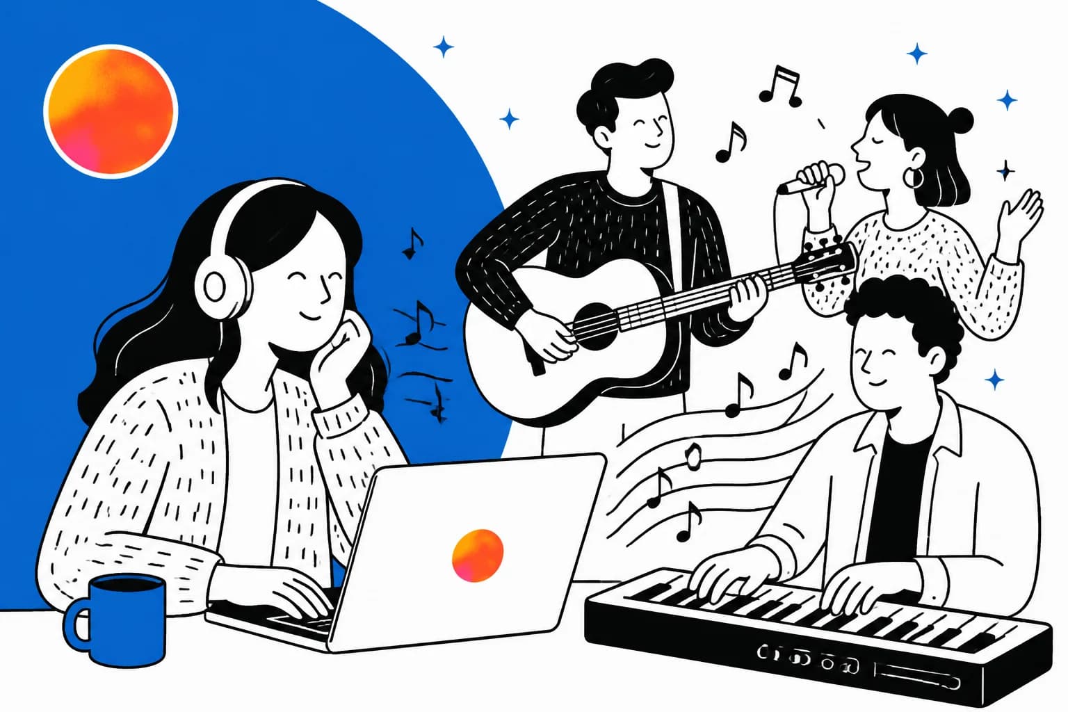 Editorial illustration of Suno's AI music app, hero banner