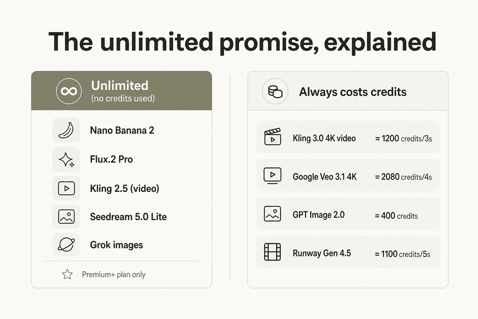 The unlimited promise explained - which models are credit-free vs. credit-consuming on Premium+