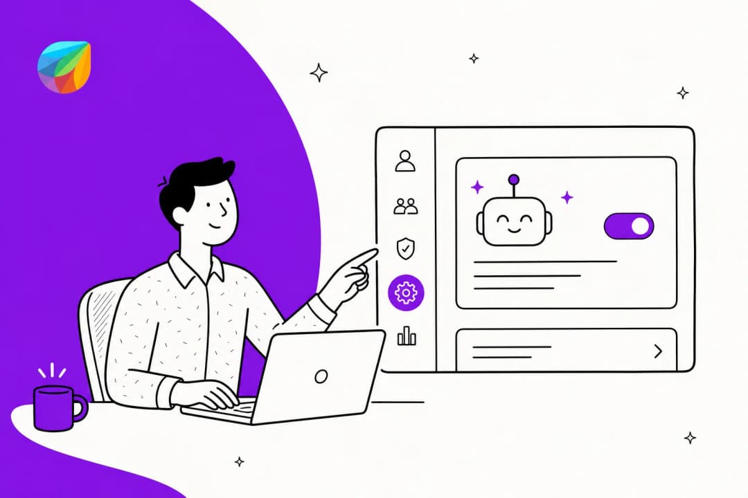 Illustration eines Freshdesk-Admins, der Freddy AI im Einstellungsbereich aktiviert