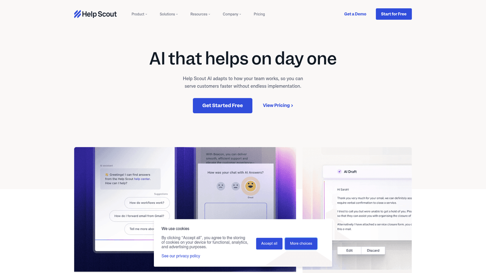Help Scout AI features page showing AI Answers autonomous resolution and Inbox Assistant tools, as taken from Help Scout