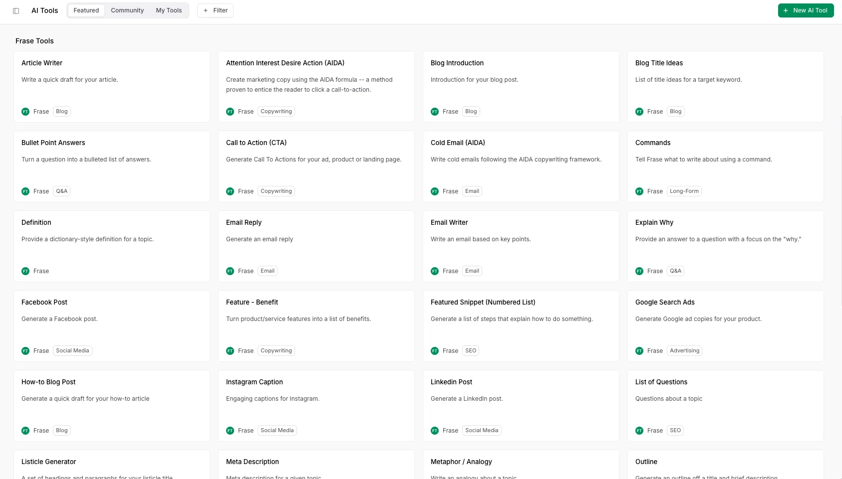 Frase AI Tools interface showing the full library of 37+ writing templates organized by category, as taken from Frase