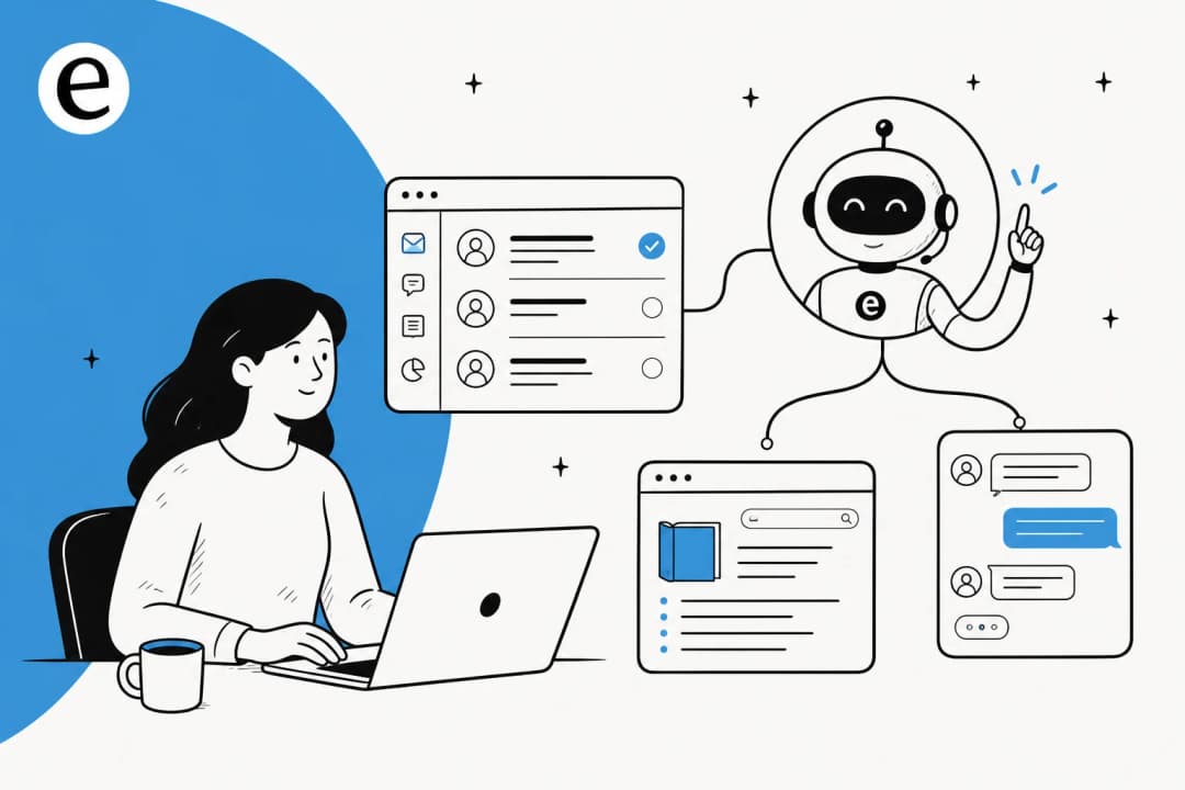 Ilustración de una plataforma de automatización del servicio al cliente que enruta tickets a través de un buzón de helpdesk, una base de conocimiento y un chat