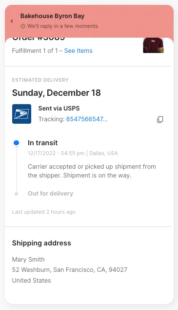 A Gorgias order tracking timeline showing USPS shipping status and the shipping address, as taken from Gorgias
