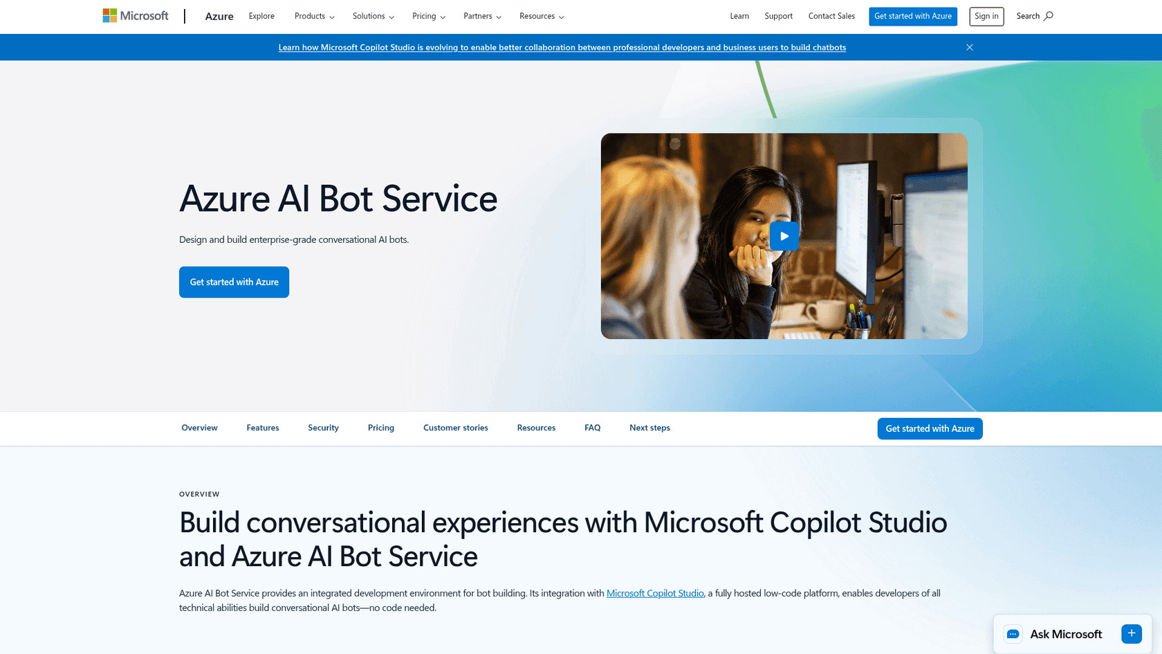 A screenshot of the Microsoft Azure AI Bot Service landing page, detailing its services.