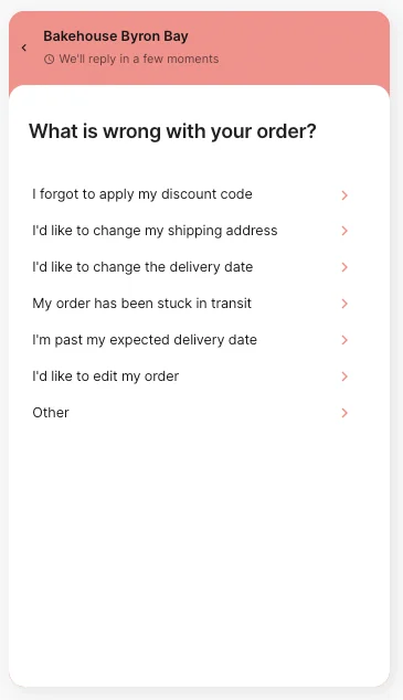 A Gorgias self-serve flow menu in the chat widget asking "what is wrong with your order?", as taken from Gorgias