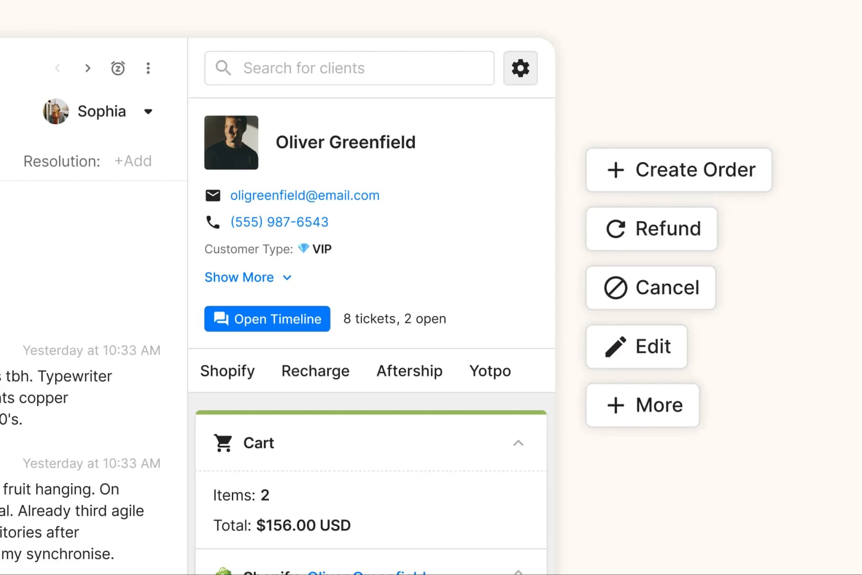 A Gorgias ticket sidebar showing a customer's Shopify, Recharge, Aftership, and Yotpo data alongside Create Order, Refund, Cancel, and Edit actions, as taken from Gorgias