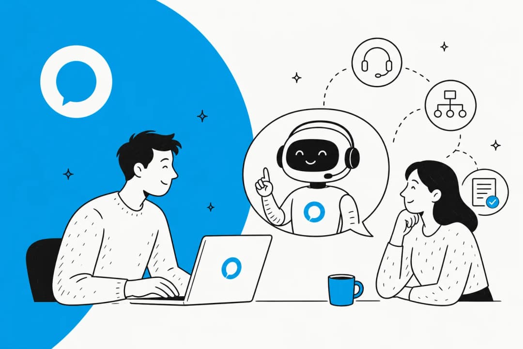 Illustration of an AI support agent answering a customer, in Halo blue with an eesel watermark