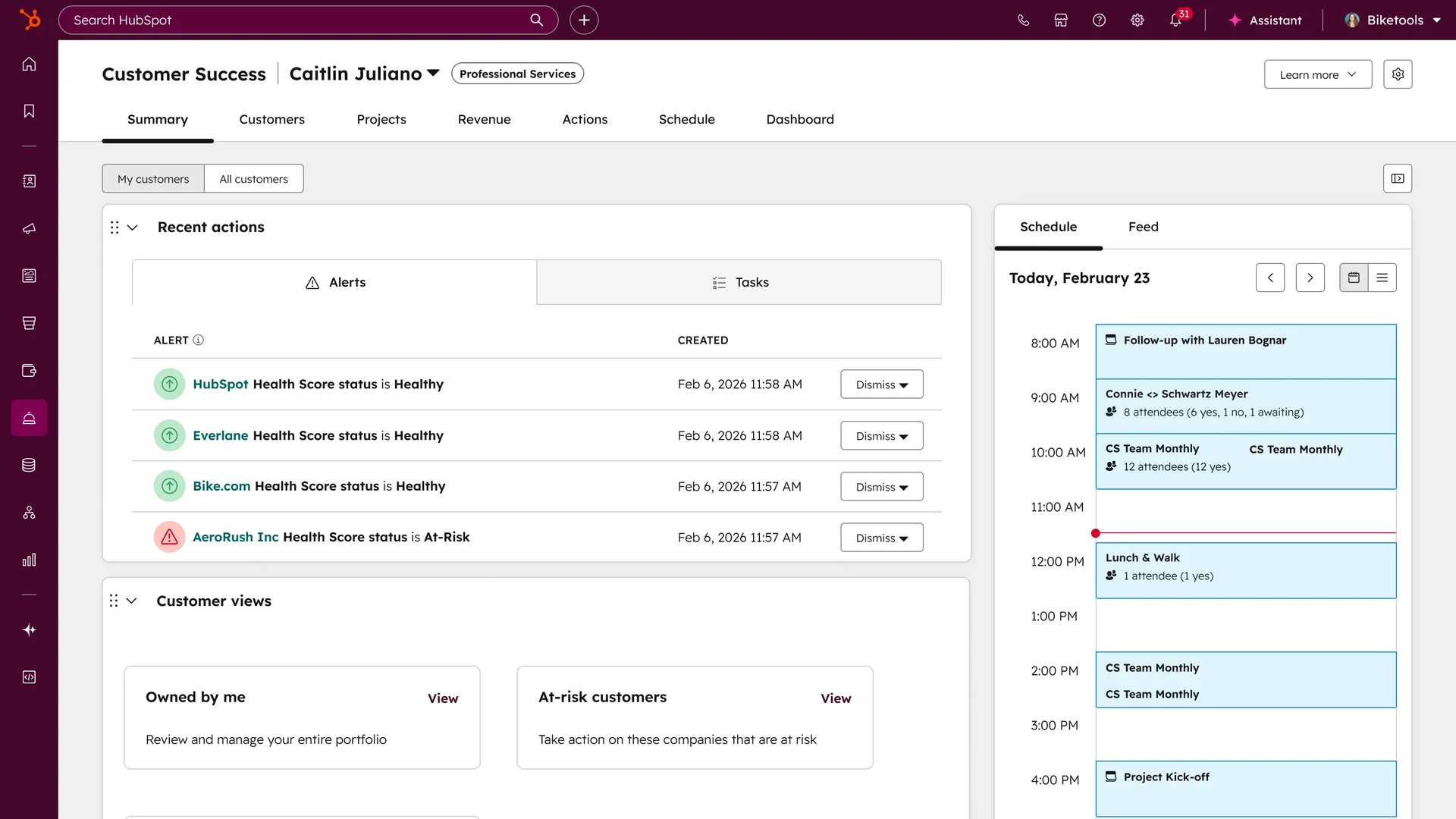 HubSpot's Customer Success workspace, the Service Hub surface where the embedded AI features run, as taken from HubSpot