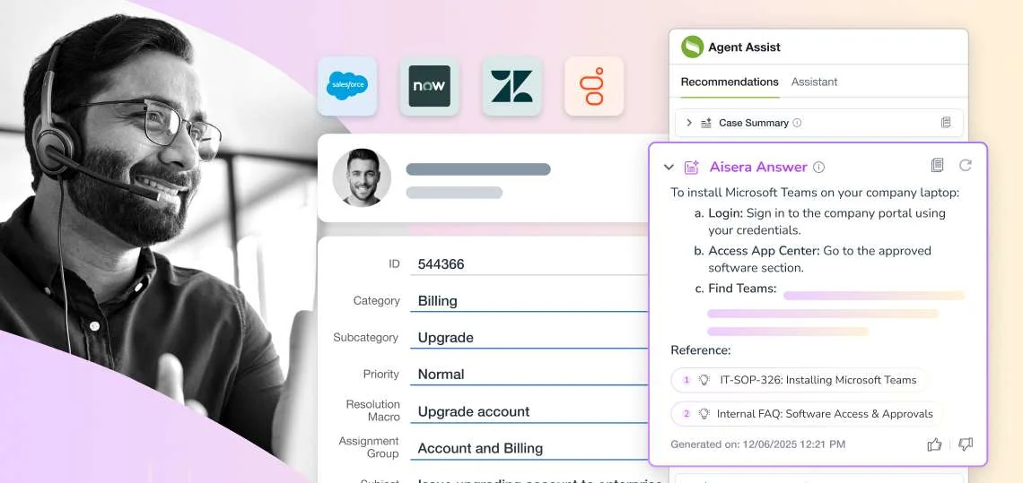 Aisera's Agent Assist panel surfacing a generated answer with citations, as taken from Aisera