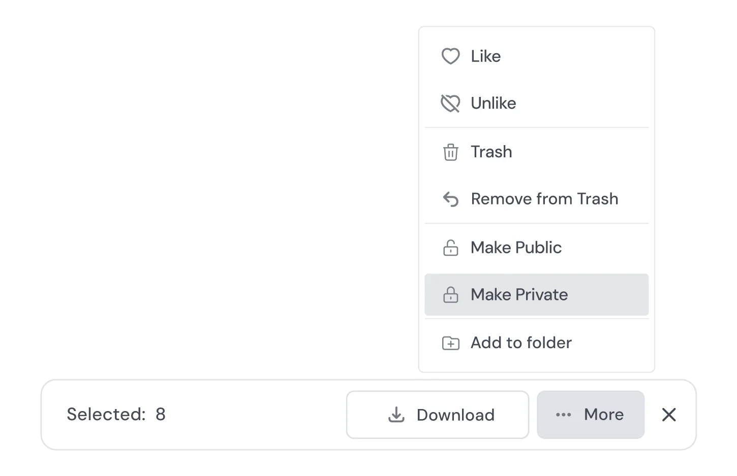 Midjourney's "Make Private" bulk action on the Organize page, as taken from Midjourney