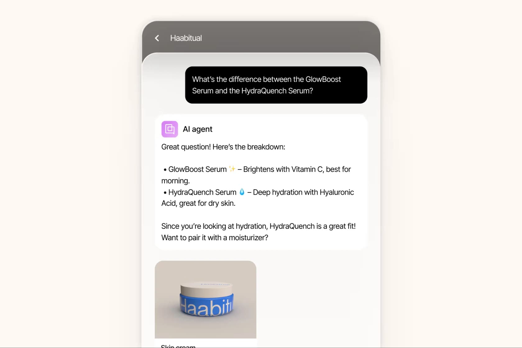 A Gorgias AI shopping assistant comparing two products and recommending one in the chat widget, as taken from Gorgias