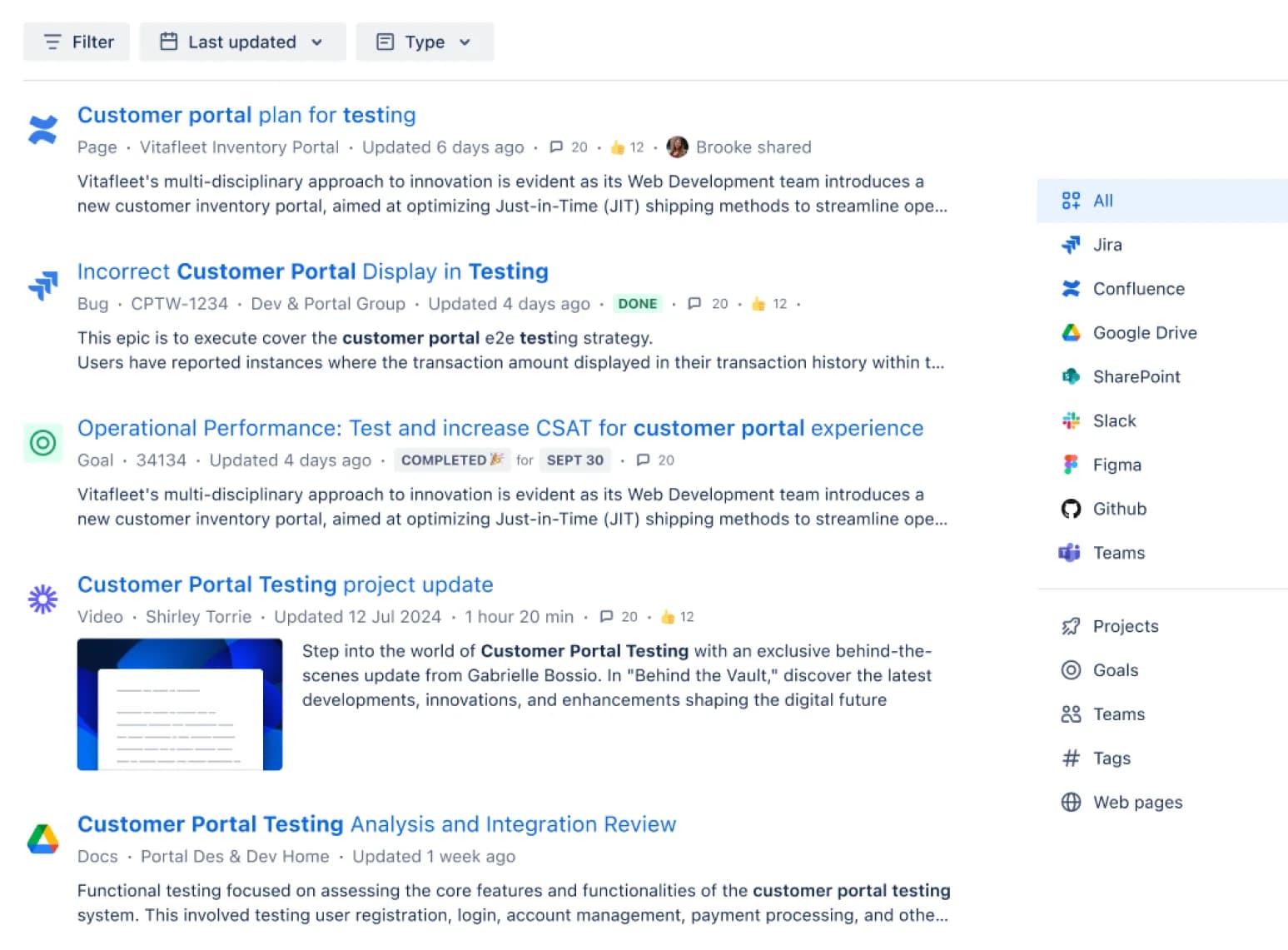 Rovo Search returning results across Confluence, Jira, Google Drive, SharePoint, Slack and more, as taken from Atlassian