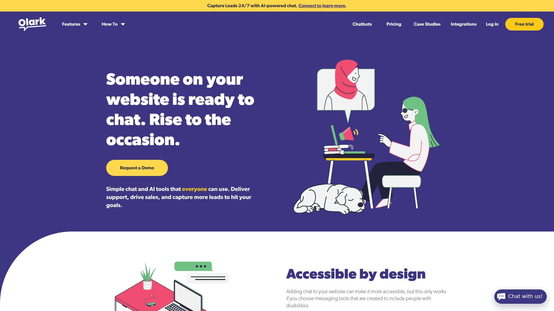 A screenshot of the Olark homepage, as taken from Olark.
