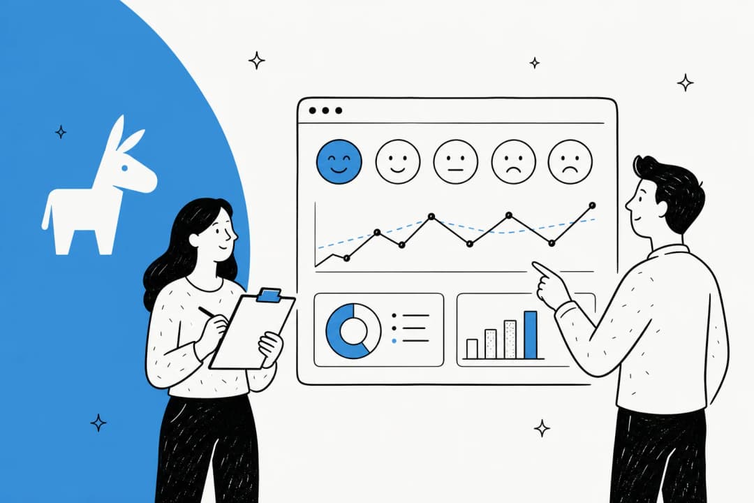 Illustration of a support dashboard tracking customer sentiment trends